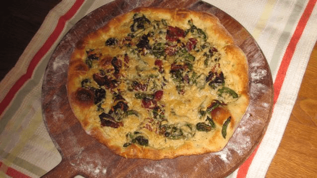 Dinner: homemade thin-crust pizza with asparagus, bacon and gruyere cheese Dinner: homemade thin-crust pizza with asparagus, bacon and gruyere cheese
